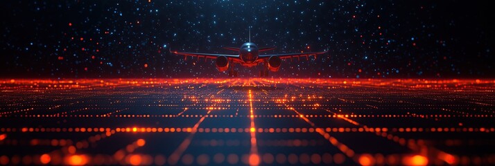 Obraz premium airplane on grid patterned runway glows with orange light beneath starry sky merging technology with cosmic exploration