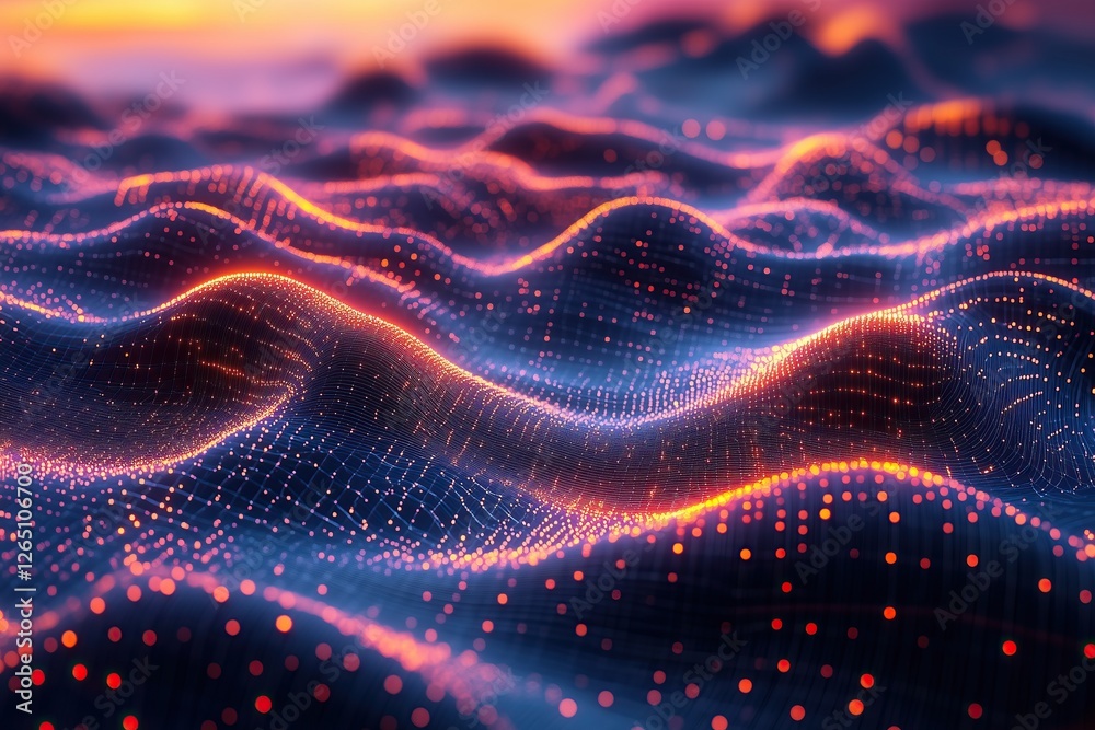 Poster Abstract network of illuminated particles forming undulating waves against gradient sunset backdrop Data visualization concept