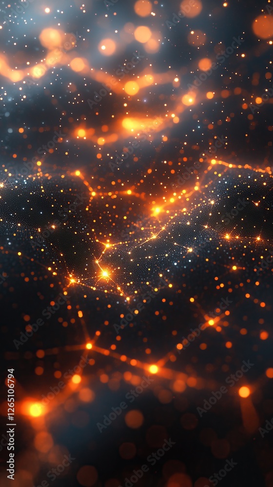 Poster Abstract view of cosmos like scene with orange lights in sea of sparkling dust connecting and forming luminous networks