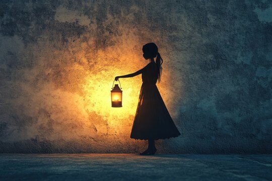 Silhouette of a girl holding a lantern against a dark wall.