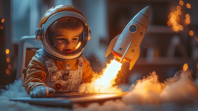 A young child dressed as an astronaut plays with a laptop featuring a rocket taking off, merging imagination with technology and adventure in a cozy setting.