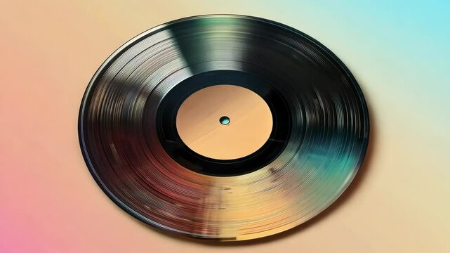 A spinning vintage vinyl record with visible grooves close-up on a light colorful background.