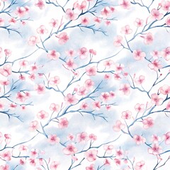 Fototapeta premium Seamless pattern, pattern, watercolor, spring floral pattern in pastel shades, floral background with sakura flowers, plant pattern with pink sakura flowers, botanical style