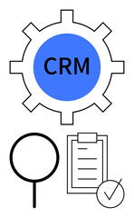 CRM gear icon centralizes analysis, checklist with a tick and magnifying glass symbolize efficiency, customer management. Ideal for technology, workflow, data tracking, planning, efficiency
