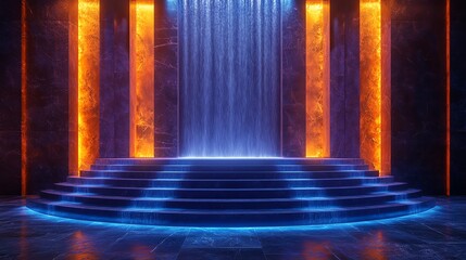 Abstract Neon Waterfall Steps Modern Design 3d art blue dark glow     