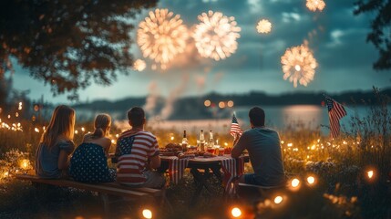 A family gathered around a picnic table with American flags, enjoying a barbecue on the 4th of July, fireworks in the distance 