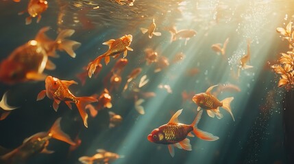 there are many goldfish swimming in the water with a lot of fish, floating goldfish