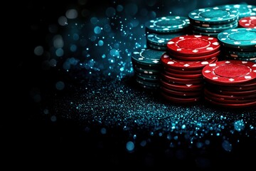stacks of red and green poker chips, set against a dark and glittering background, evoke the excitement and suspense of a high-stakes game