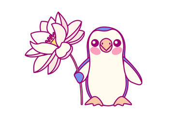 vector penguin with Nelumbo nucifera flower