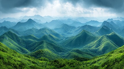 Fototapeta premium Panoramic view of lush green mountains, dramatic sky. Possible use for nature background