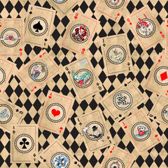 Alice in Wonderland  vintage style original hand drawn  playing cards seamless pattern
