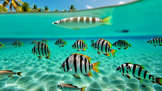 Over under underwater scene featuring sergeant major fish Abudefduf saxatilis darting near turquoise ocean surface, palm trees and beach umbrellas framing background video 4k