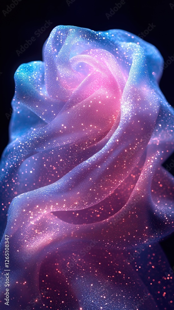 Poster abstract representation of glowing draped material blending blue pink and purple hues with sparkling