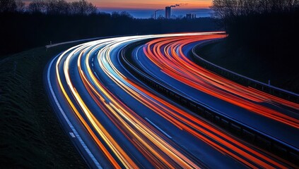 Night highway with light trails of cars curving through the landscape.