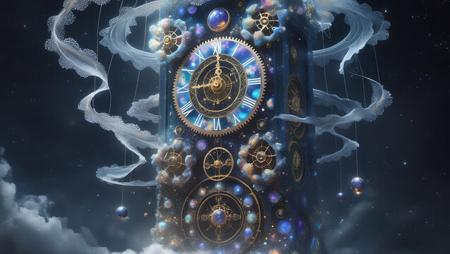 Surreal Steampunk Timepiece Tower in the Clouds: A Mesmerizing Clockwork Structure with Glowing Blue and Gold Gears, Nebula-Like Clouds, and Celestial Orbs, Symbolizing the Passage of Time