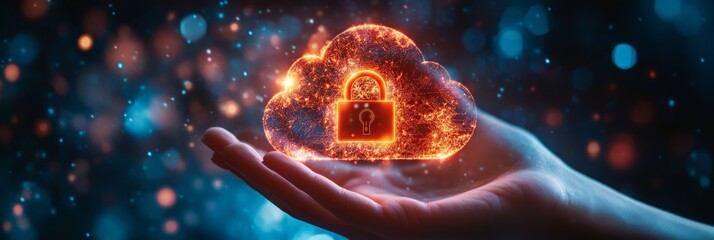 Digital Cloud With Padlock Hovers Over Open Hand, Illustrating Concept Of Cloud Security