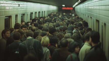 A sea of commuters forms a dense crowd in a subway station, conveying a sense of bustle and the relentless rhythm of urban daily life.