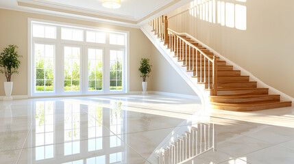 Fototapeta premium Grand home entrance, curved staircase, sunlight, garden view, interior design