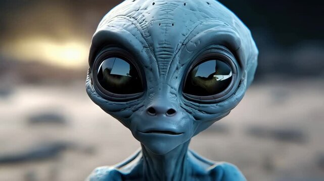 Blue alien character with large black eyes against cloudy sky background. Extraterrestrial creature 3d model design for science fiction and space exploration themes