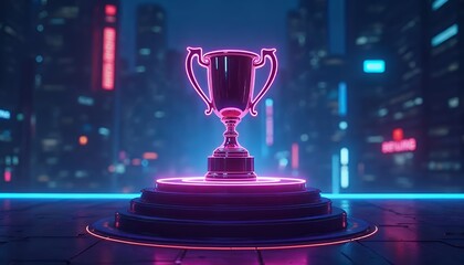 Neon Trophy on Futuristic Stage in Cyberpunk Cityscape for Achievement