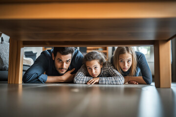 A family taking cover under a table during a strong earthquake inside a modern home.