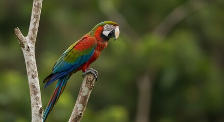 Fototapeta premium A colorful macaw perched on a tree branch in the dense Amazon rainforest.