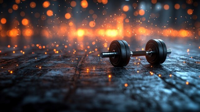 Dumbbell rests on dark wood, fiery bokeh background, fitness concept