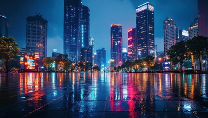 Night cityscape reflecting in wet street.