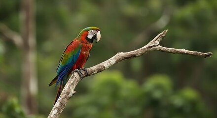 Obraz premium A colorful macaw perched on a tree branch in the dense Amazon rainforest.