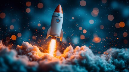 A vibrant image of a bright rocket launching off a laptop, surrounded by fluffy clouds, embodying themes of creativity, technology, and the future of exploration.
