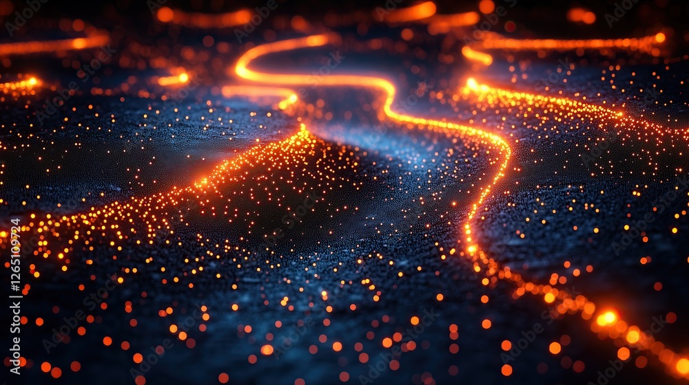 Poster Abstract glowing orange particle streams on dark textured surface otherworldly landscape of light and shadow