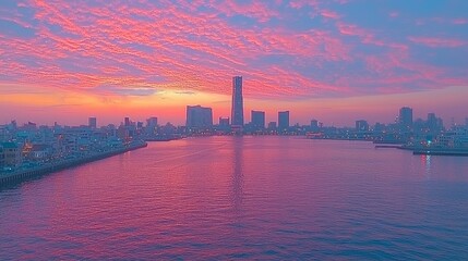 Naklejka premium Pink Sunrise over City Harbor. Aerial View. Possible use Stock Photo