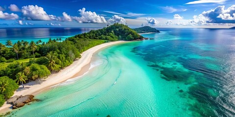 Obraz premium Relaxing Beach Drone View: Turquoise Water, Golden Sand, Aerial Paradise