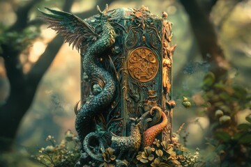 Obraz premium Enigmatic Stone Pillar with Dragon and Ornate Carvings in a Mystical Forest Setting