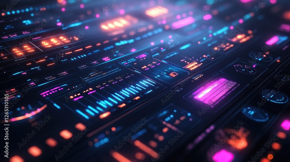 Aufkleber futuristic interface display dynamic data visualizations with vibrant neon accents indicating complex data analysis