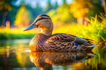 Resting Duck on Lakeside, Peaceful Waterfowl Scene, Bird Relaxation