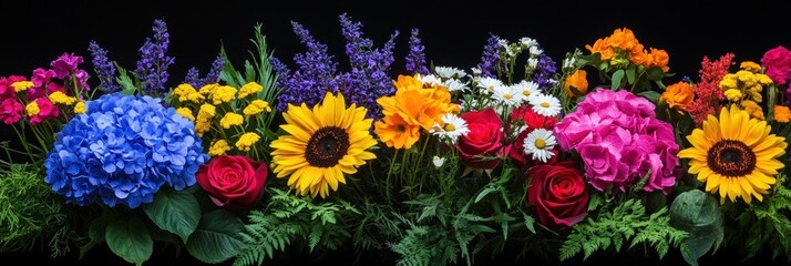 Vibrant colorful summer flowers arrangement on black background.