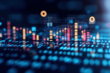 Abstract data visualization with dynamic charts and graphs representing financial growth, digital analytics, and market trends in vibrant colors