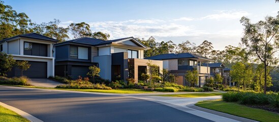 Modern houses on a tree-lined street at sunset. (1)