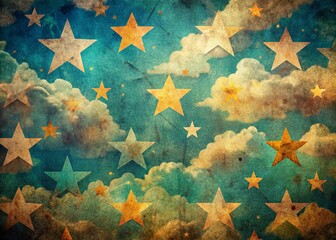 Retro Sky Distressed Paper Background: Geometric Clouds & Stars