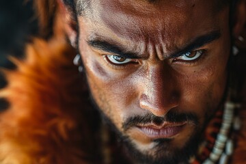 Obraz premium Intense portrait of a male warrior adorned in tribal accessories during a cultural celebration in an outdoor setting