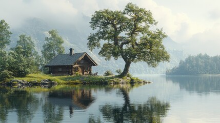 Obraz premium Wooden cabin on lake island serene landscape