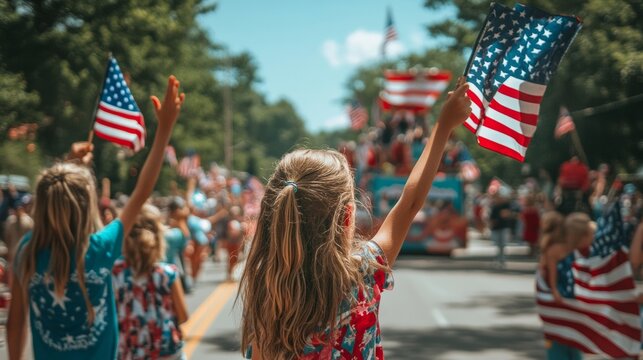 A group of friends enjoying an Independence Day parade, waving flags and cheering as they watch the floats go 