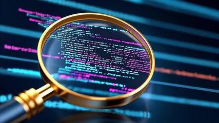 A magnifying glass focusing on a screen displaying lines of code in various colors.