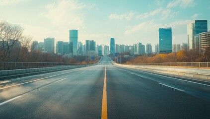 Obraz premium Empty highway leading to a modern city skyline on a sunny day.