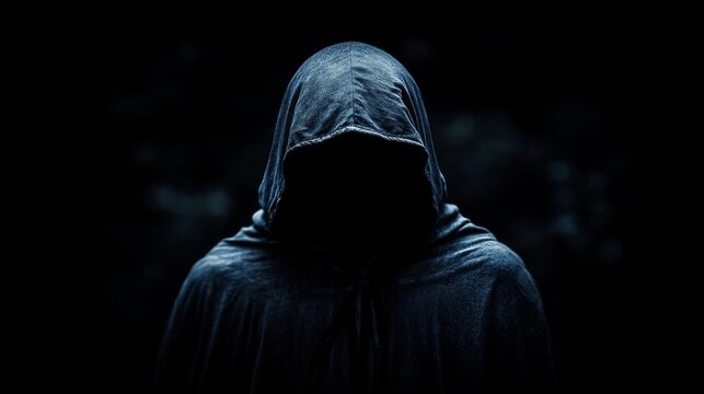 A hooded figure shrouded in darkness embodies mystery and the unknown, offering a glimpse into intrigue and secrecy.
