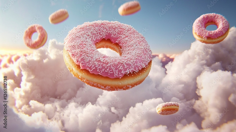 Poster A whimsical display unfolds as colorful doughnuts float effortlessly among the clouds at dawn, inviting joy and imagination in a dreamy atmosphere