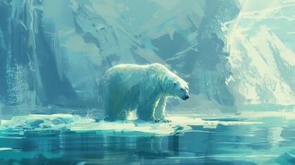 Polar Bear Stands on Ice Floe Amidst Vast Icy Landscape Under a Serene Sky in the Arctic Region. Generative AI