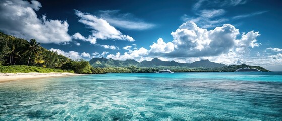 Obraz premium Idyllic tropical beach with crystal-clear turquoise water, white sand, lush palm trees, and dramatic mountains under a vibrant blue sky.