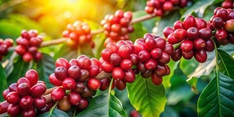 Fototapeta premium Ripe Red Coffee Beans Ready for Harvest on Branch